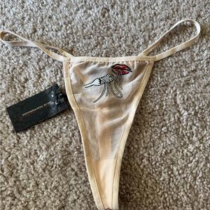 Chic Beige Embroidered Thong